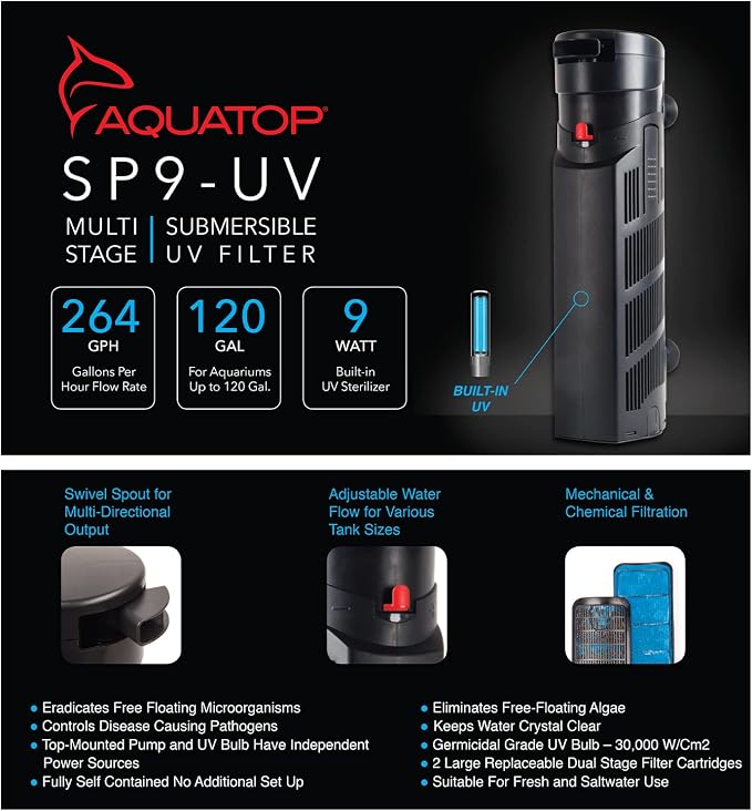 Aquatop 264 GPH Internal Filter with 9W UV Light - for Up to 100 Gallon Fish Tanks, UV for Crystal Clear Water, Fresh & Saltwater Use, Aquarium Filters for Fish & Turtle Tanks, SP9-UV