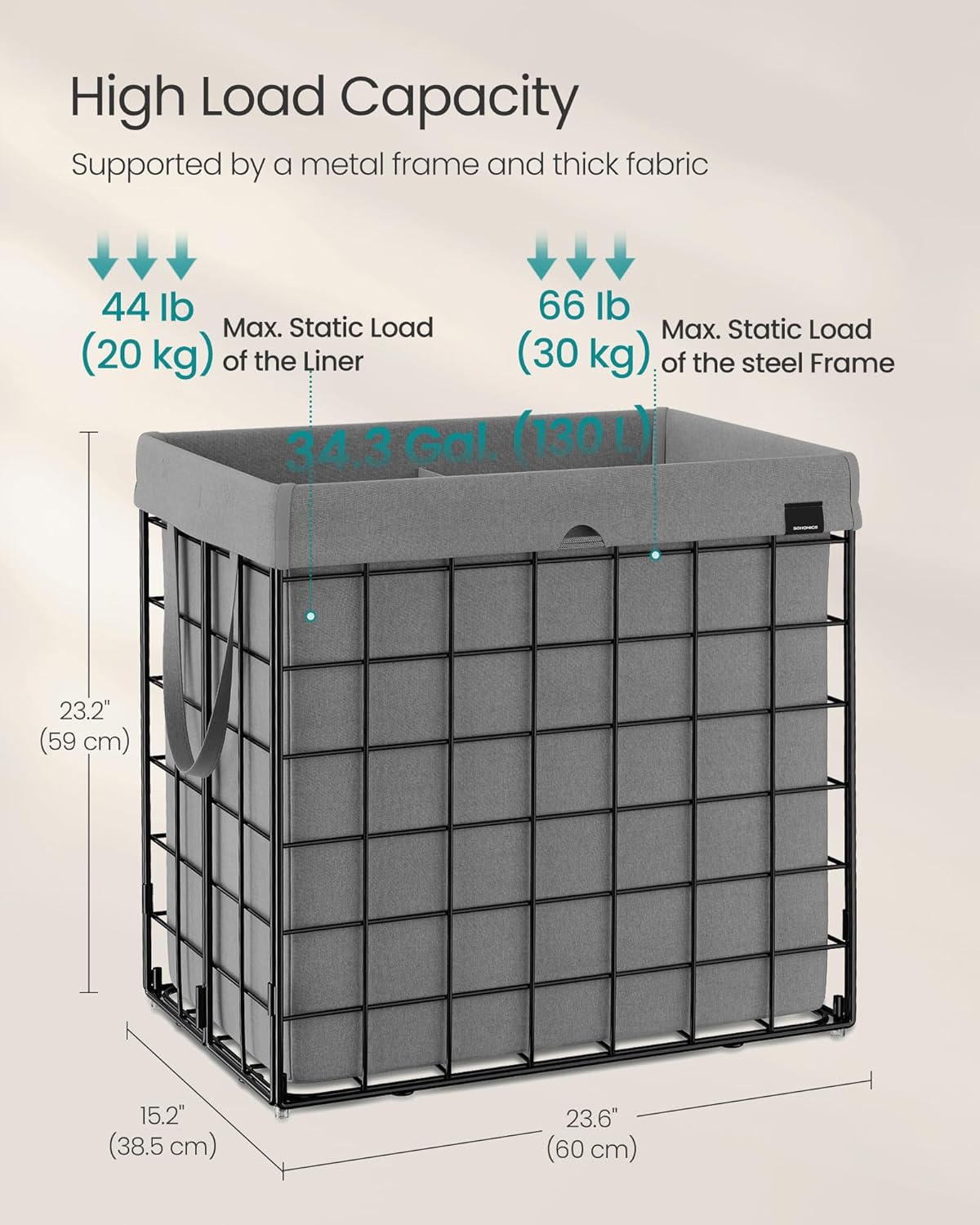SONGMICS Laundry Hamper, 34.3 Gal. (130L) Laundry Basket, Collapsible Clothes Hamper, Removable and Washable Liner, Metal Wire Frame, for Bedroom Bathroom, Black and Gray ULCB113G01