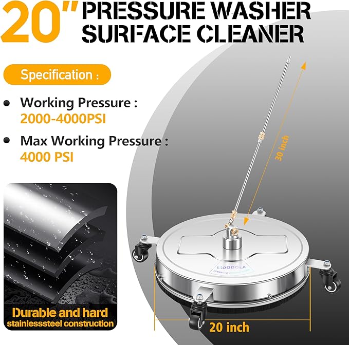 LidoDola 20'' Pressure Washer Surface Cleaner with 4 Wheels - Stainless Steel Surface Cleaner for Pressure Washer Attachment for Concrete, Driveway, Patio, Sidewalk, Deck and Driveways