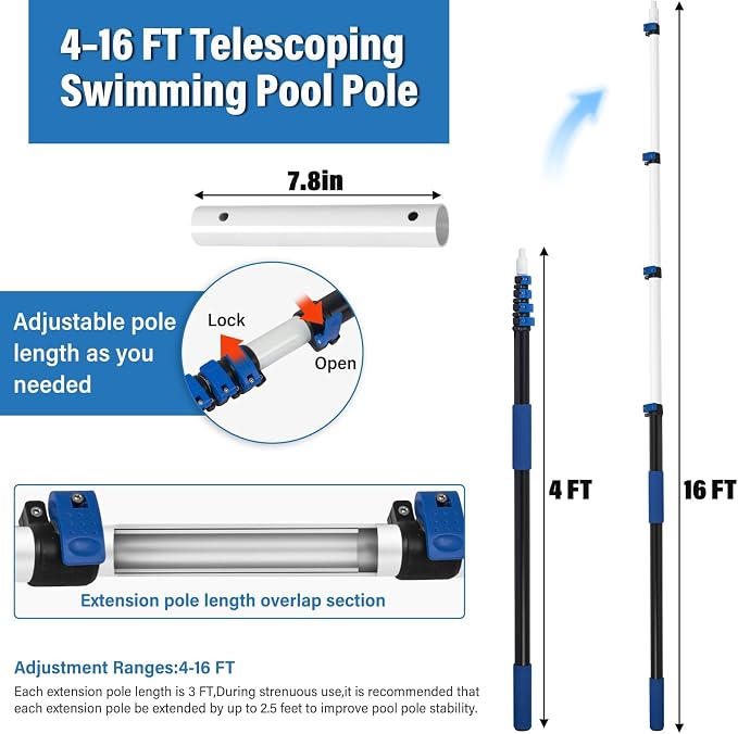 getlstub 16FT Telescopic Pool Pole, Heavy Duty Aluminum Extension Pole 4-16 FT for Above Ground & Inground Pools, Fits Skimmer, Net, Brush & Vacuum Heads