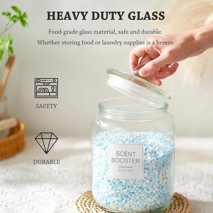 FyndraX Half Gallon Glass Jars - Large Airtight Containers with Scoop and Labels for Organization and Storage Laundry, Bath Room, Kitchen and Pantry Holder, Set of 4