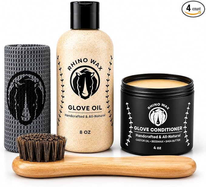 Rhino Wax Baseball Glove Care & Maintenance Kit with Oil & Conditioner | Maintain baseball gloves with premium oil and conditioner that preserve glove quality, flexibility and extend glove life.