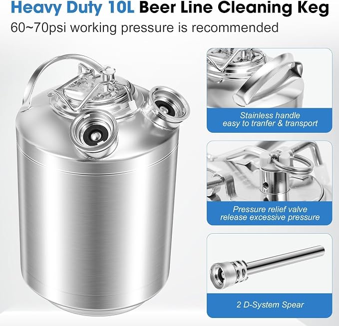 2.5 Gallon Kegerator Cleaning Kit, 304 Stainless Steel Beer Line Cleaning Kit with 2 D Coupler Keg Cleaning Kit Beer Line Cleaner with Ergonomic Carry Handle Pressure Release Valve Lid