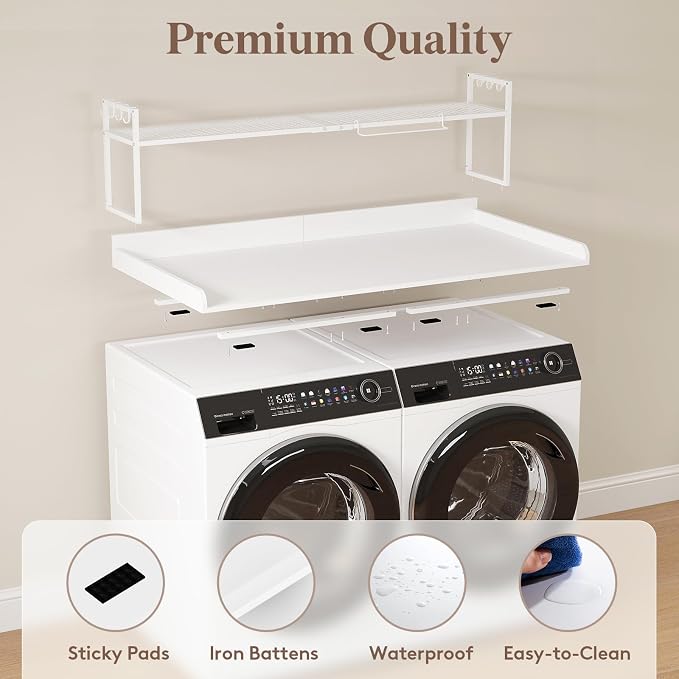 Lifewit Washer Dryer Countertop with Adjustable Shelf, Melamine Cover for The Top with Edge Rails, Towel Rack for Laundry Room Storage and Organization, Hold 200lbs, White, 54" x 27.5"