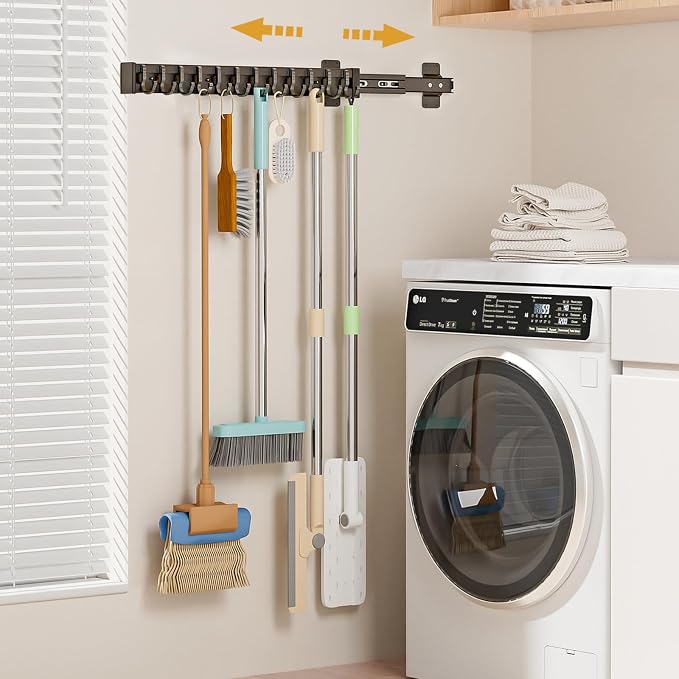 Pull Out Broom Holder With 9 Adjustable Sliding Hook, Multifunctional Slide Broom And Mop Storage/Organizer Garage Organization Hooks, for Closet Laundry - 20.1inch/51cm