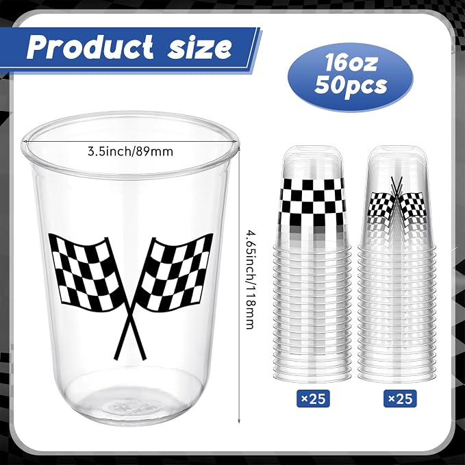 Ziliny 50 Pcs 16oz Checkered Cups Racing Party Round Bottom Plastic Cups Party Decorations, Disposable Clear White Black Checkered Flag Cup for Racing Themed Birthday Drink Supplies Decorations