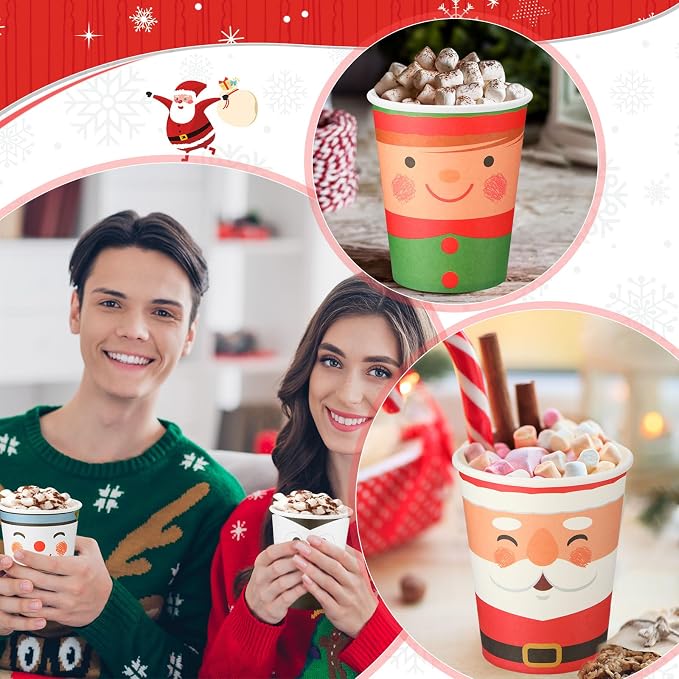 Yaomiao 300 Pcs 9 oz Christmas Paper Cups Elf Snowman Santa Elk Disposable Christmas Hot Cocoa Coffee Cups Bulk for Hot Cocoa Chocolate Beverage Bar for Xmas Holiday Party Supplies