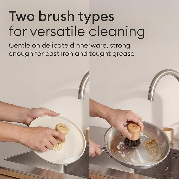 Vove Bamboo Dish Scrub Brush Set with Ceramic Holder, 3-Pack Plastic-Free Kitchen Brushes for Dishes Pots and Pans, FSC-Certified Bamboo with Natural Sisal Bristles, 1 Hard and 1 Medium Brush