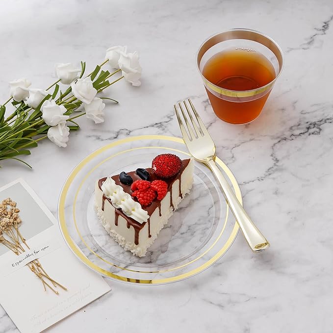 BESTVIP 600PCS Clear Gold Dinnerware Set for 100 Guests, Plastic Plates for Party, Christmas and New Year, 100 Disposable Plates, 100 Dessert Plates, 100 Cups, 100 Spoons, 100 Forks and 100 Knives