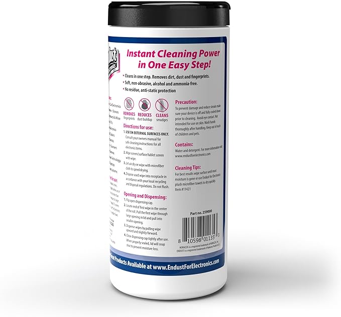 Endust For Electronics; Multi-Surface, Anti-Static, Electronics Cleaning Wipes; Alcohol & Ammonia Free; 12 Pack of 70 Wipes per Container (259000P12)