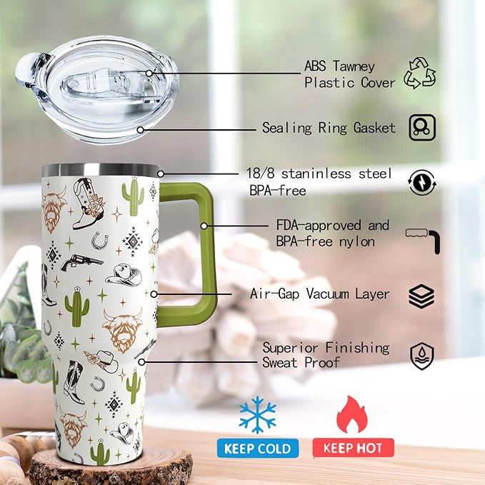 Ceovfoi 40 Oz Western Tumbler With Handle, Cow Skull Coffee Travel Mug Cup Water Bottle, Western Decor, Gifts for Women