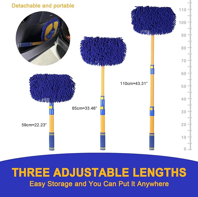 15° Curved Car Wash Brush with 43" Telescopic Handle – Microfiber Chenille Car Wash Mop for RV, SUV, Truck & Boat – Soft, Scratch-Free Extendable Cleaning Tool (Blue&Yellow)