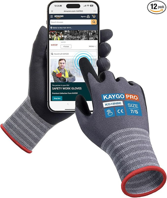 KAYGO Safety Work Gloves MicroFoam Nitrile Coated-12 Pairs KG18NB,Seamless Knit Nylon Glove with full fingers Touchscreen, Ideal for General Purpose,Automotive,Home Improvement, Black,S