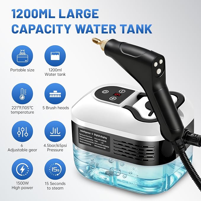 High Pressure Steam Cleaner, 6-Level Adjustable, 15s Heat-Up, 1.2L Large Tank. Portable High Temp Bathroom Power Steamer Cleaning Machine Steam Cleaner For Home Use Kitchen Grease Car Cleaning