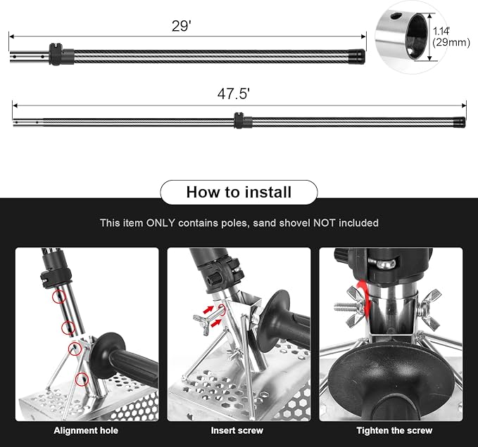 Sand Scoop Metal Detecting Carbon Handle Telescopic Pole, Metal Detector Shovel Handle 47' Diam 1.14(29mm) Lightweight Rust-Proof, Carbon Fiber Telescopic Pole For Sand Dipper Beach Scoop, Sand Sifter