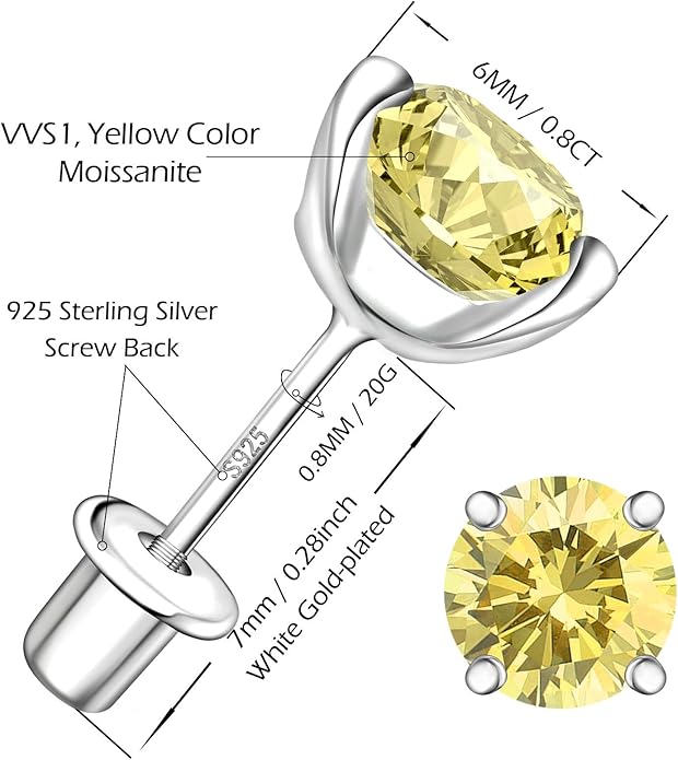 Moissanite Screw Back Earrings Studs - 0.2CT-4CT Moissanite Earrings for Women 925 Sterling Silver Piercing Real Colorful Moissan Hypoallergenic Jewelry Ear Stud Gifts
