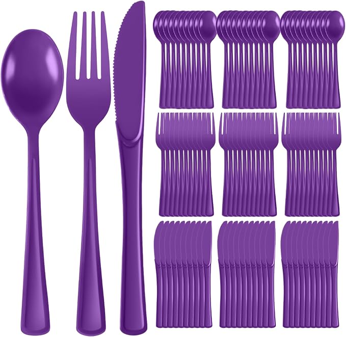 Plastic Silverware 300 PCS Disposable Silverware Heavy Duty Utensil Sets 100 Of Each Forks Knives & Spoons Disposable Cutlery Set For Easter,Birthday,Baby Shower,Garden Party,Wedding(300,Purple)