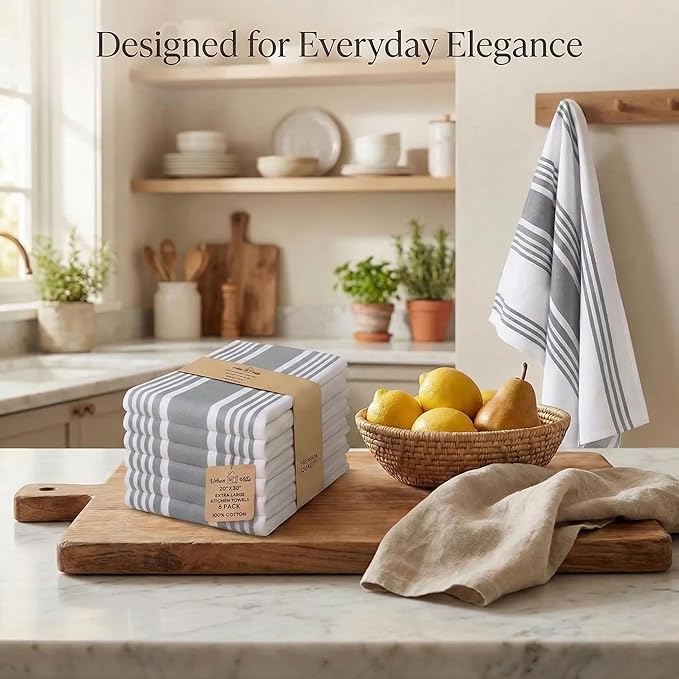 Urban Villa Kitchen Towels 100% Cotton Dish Towels for Kitchen (Set of 6) 20”x30” Dish Cloths Highly Absorbent Kitchen Linen Set with Hanging Loop Perfect for Drying Dishes Cleaning Towels-Grey White