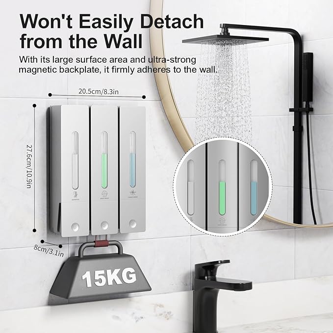 Shampoo and Conditioner Dispenser - Wall-Mounted 3-Chamber Shower Soap Dispenser, No-Drill, 1200ML Capacity, for Bathroom & Hotel