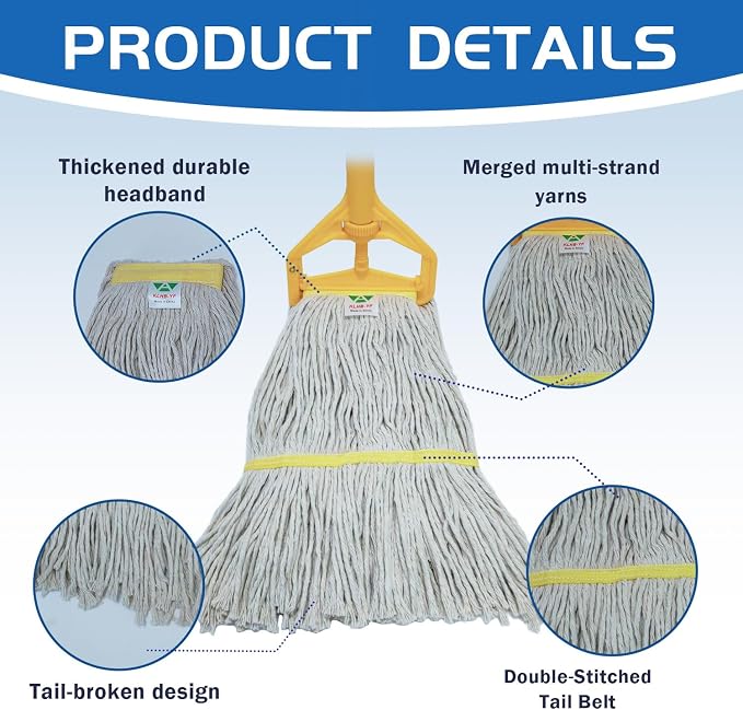 Commercial Cotton Mop | Heavy-Duty Industrial Mop | 2 Replacement Heads | 152cm Stainless Steel Handle | Professional Institutional Cleaning (B)