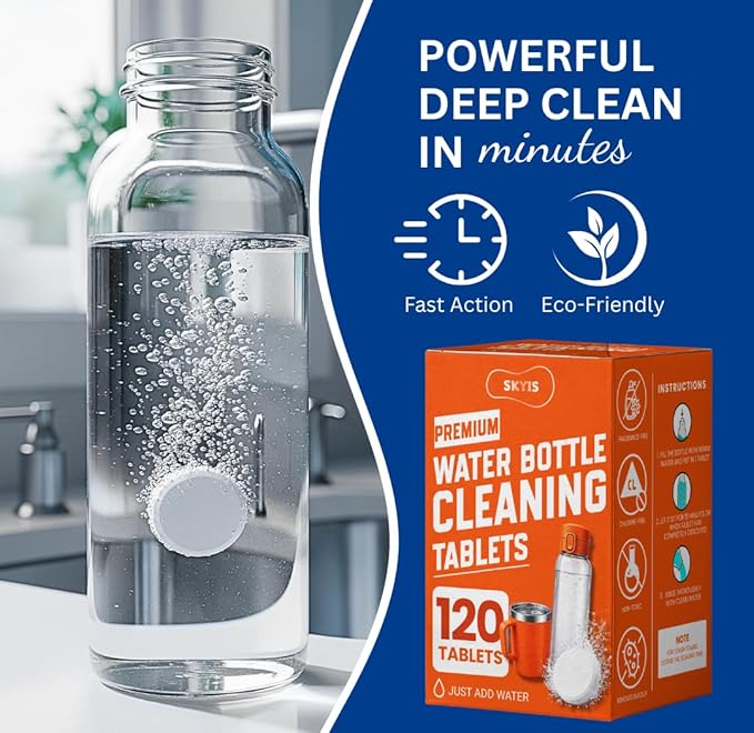 Skyis Water Bottle Cleaning Tablets 120 Pack – Removes Odor and Stains No Scrub Bottle Cleaner Tablets for Stainless Steel, Tumbler,Hydration Bladder, Coffee Mug and Travel Bottles