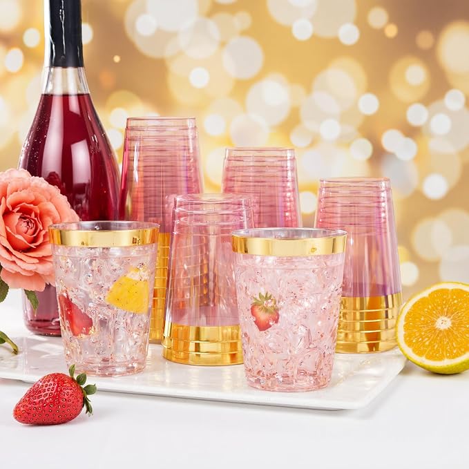 supernal 100 Pcs Pink Plastic Cups,10 Oz Clear Pink Disposable Cups with Gold Trim,Plastic Cocktail/Drink/Bridal Shower/Baby Shower Cups for Party,Wedding and Birthday,Cute Disposable Cup