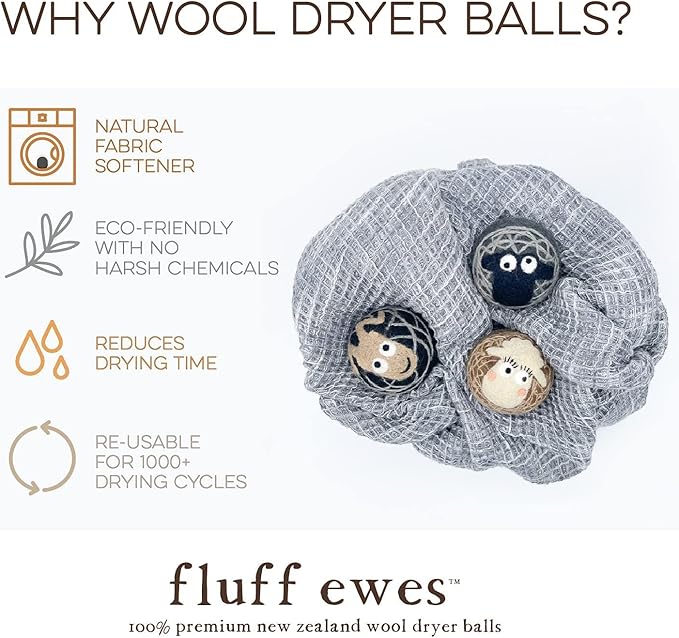 Fluff Ewes Premium Handmade New Zealand Reusable Wool Dryer Balls for Laundry, Anti-Static Alternative to Liquid Fabric Softener, Plastic Dryer Balls or Dryer Sheets, 6 Pack Bundle with Boxes