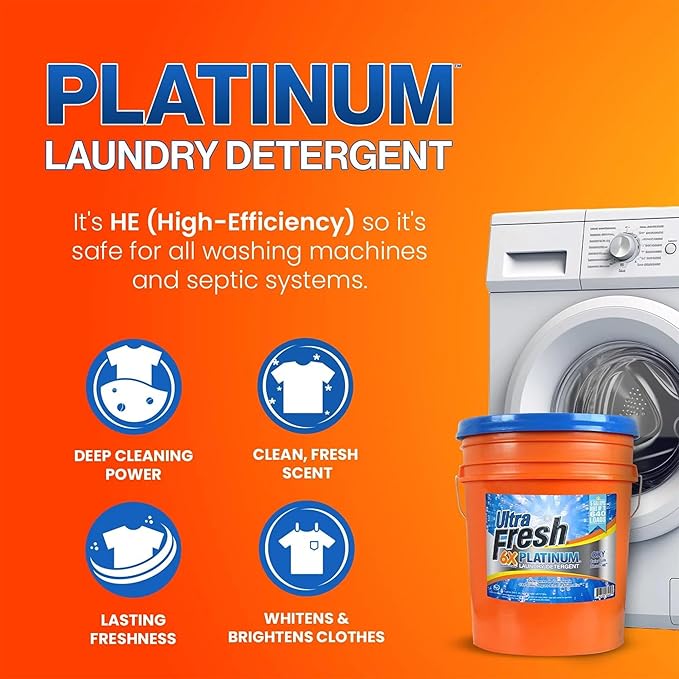 Ultra Fresh 6X Platinum Laundry Detergent, Up to 640 Loads, Bleach Alt, 5 Gallon Bundled with Laundry Detergent Sheets, Fragrance and Dye Free