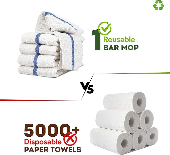 Bar Mops Blue Stripe Pack of 60 Kitchen Towels 16x19 Multi-Purpose for Home, Restaurant and Cleaning White Absorbent Washcloth Dishcloths Sets, Reusable Dish, Cloths Rags