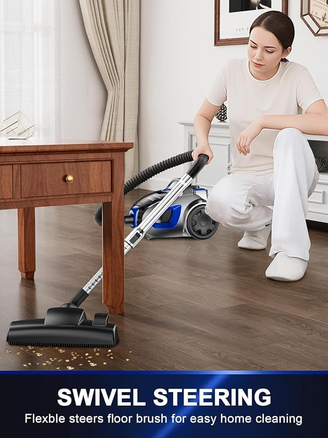 Canister Vacuum Cleaner, 40Kpa 1600W Cyclon Power Bagless Canister Vacuum Cleaners for Home, 3.7QT Large Dust Cup, Lightweight Vac for Hard Floors, Carpets, Pet Hair, Blue