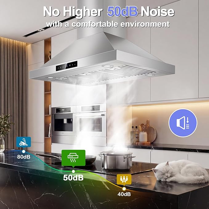36 inch Island Range Hood Ceiling Mount 1200 CFM with 4-Speed Gesture Sensing & Touch Control, Ducted/Ductless Stainless Steel Kitchen Stove Vent Hoods with 4 LED Lights, Timer,Dishwasher-Safe Filters