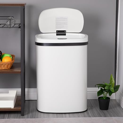 24/7 Shop at Home Freeway 13 Gallon Metal Household Trash Can Motion Sensor Lid for Kitchen, White