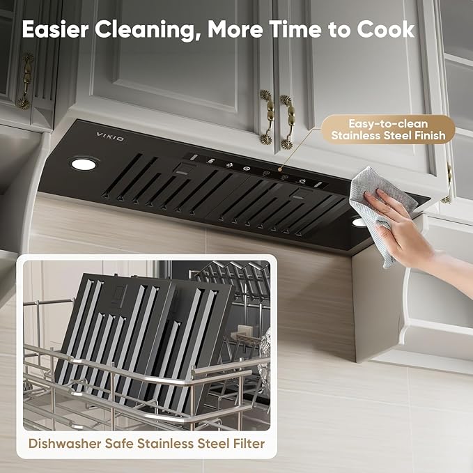 VIKIO HOME Black Built-in/Insert Range Hood 30 Inch, 980 CFM Hood Vent for Kitchen, Ducted/Ductless Convertible Duct, Stainless Steel Kitchen Vent Hood with Gesture & Touch Control, 2 Baffle Filters