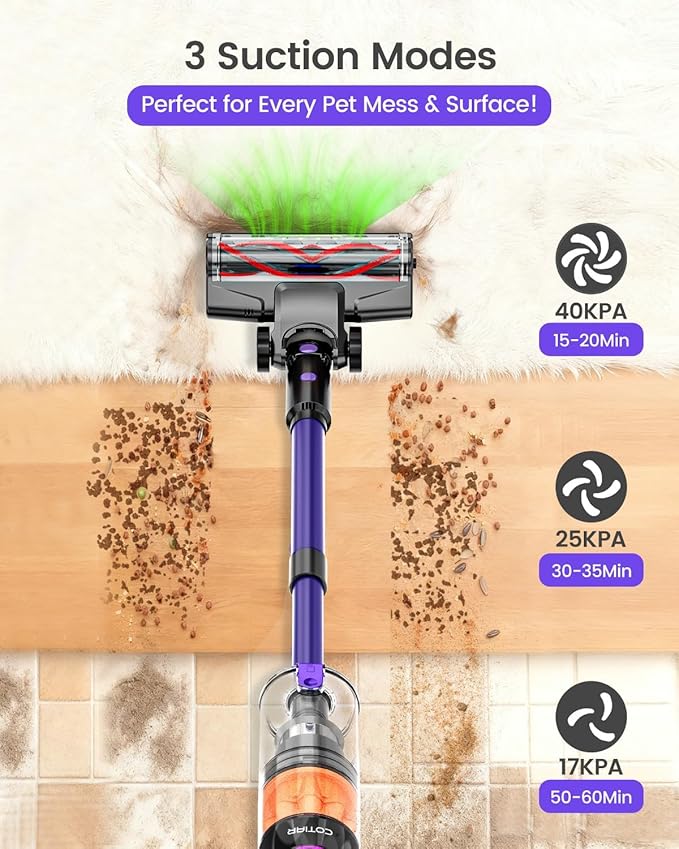 Cordless Vacuum Cleaner, 500W 40KPa 60Mins Vacuum Cleaners for Home, Powerful Stick Vacuum With Green Light, Anti-tangle Wireless Vacumm, Rechargeable Vacuum for Pet Hair/Carpet/Hardwood Floor, Purple
