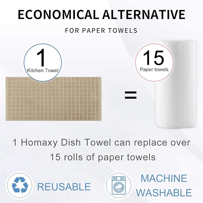 Homaxy Kitchen Towels and Dishcloths Set, 12 x 12 and 13 x 28 Inches, Set of 8 Bulk Cotton Terry Kitchen Towels Set, Checkered Designed, Soft and Super Absorbent Dish Towels, Tan