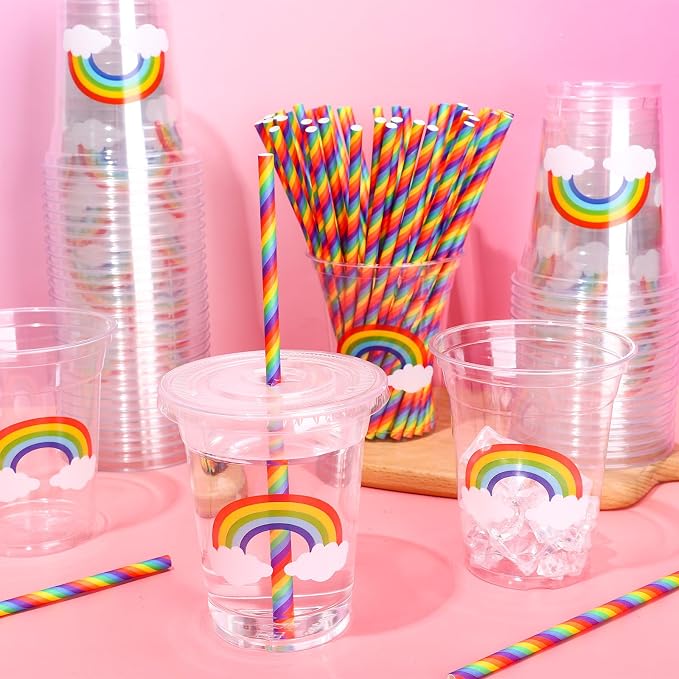 Whaline 50 Pcs 12 Oz Pastel Rainbow Disposable Plastic Cups with Lids and Straws Colorful Cold Beverage Drinking Cups for Birthday Baby Shower Party Supplies