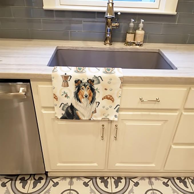Caroline's Treasures Tricolor Collie Coffee Bar Kitchen Towel Velour Plush Front and Cotton Loop Back Machine Washable