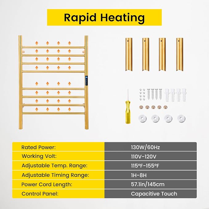 Heated Towel Racks for Bathroom 8-Bars, 23" Wall Mounted Electric Towel Warmer Racks with Timer & Temperature Control,Gold