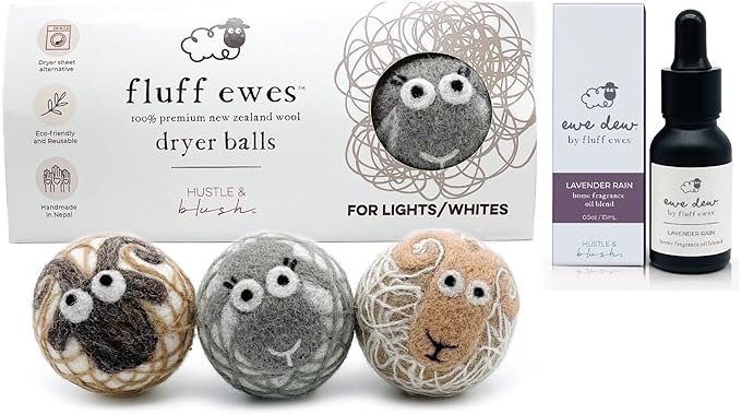 Hustle & Blush Wool Dryer Balls and Essential Oils Blend Bundle Laundry Set, Reduces Drying Time, Chemical Free with Long Lasting Fresh Scent Laundry Supplies - 2 Pack, Lights & 15 ml Lavender Rain