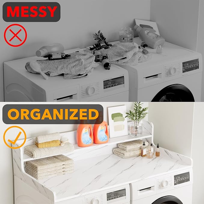 SpaceAid Washer Dryer Countertop with 2-Tier Shelf, Wood Topper with Edge, 54" Width x 27.5" Depth Cover Organizer Guard for Washer and Dryer Counter Laundry Hamper Storage (White Marble)