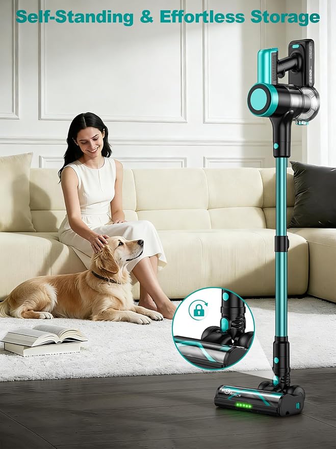 Cordless Vacuum Cleaner, 58Kpa 10 in 1 Vacuum Cleaners for Home, 55Mins Stick Vacuum with Self-Standing & LED Display, Anti-Tangle & Wall Mount Charging (Cyan)