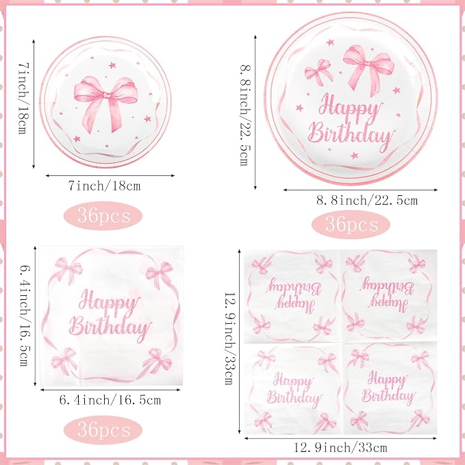 Pink Bow Birthday Party Supplies 108 Pcs Pink Bow Plates Napinks Coquette Birthday Decorations Bow Tableware Decorations Serves 36 Guest for Girls Bachelorette Bridel Party Decor