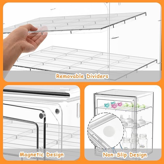 Baby Bottle Organizer,Adjustable Height Bottle Storage Organizer Baby for Bottles, Pacifiers, Pump Parts, Clear Organizer for Countertop, Cabinet,Vanity, Bathroom