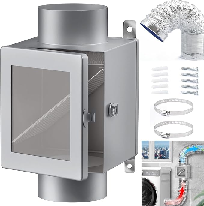 Metal Dryer Lint Trap, Dryer Duct Lint Trap for Dryer Vent, Indoor Dryer Vent Kit with 4inch Dryer Vent Hose, 2 Clamps, 2 Stainless Steel Mesh, Dryer Lint Catcher Outdoor Lint Trap for Electric Dryers