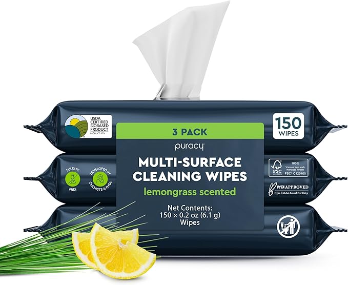 Puracy All-Purpose Cleaning Wipes – Non Toxic All Purpose Cleaner for Grease & Grime, Appliance Wipes, Lemongrass Scent (10.8 oz, 3 Pack, 150 Count)