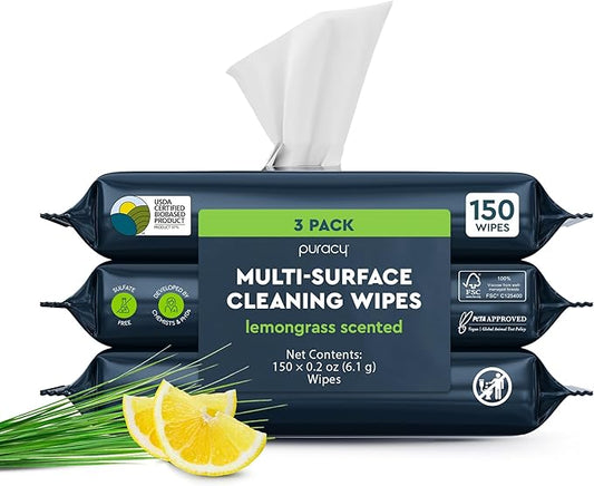Puracy All-Purpose Cleaning Wipes – Non Toxic All Purpose Cleaner for Grease & Grime, Appliance Wipes, Lemongrass Scent (10.8 oz, 3 Pack, 150 Count)