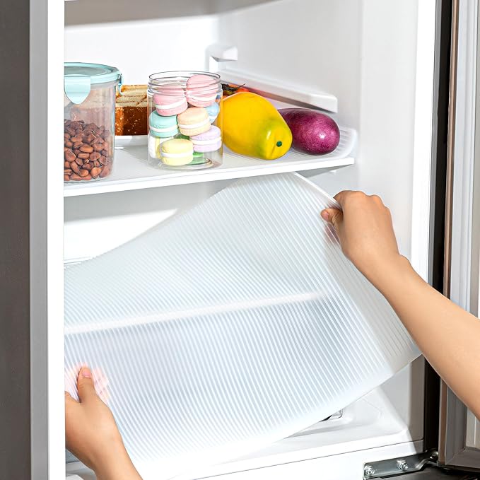 Frienda 6 Pcs Silicone Refrigerator Liner for Glass Shelves Washable, 17.7x11.6 Inch Striped Fridge Liners for Shelves, Clear Drawer Liners No Adhesive Refrigerator Shelf Liner