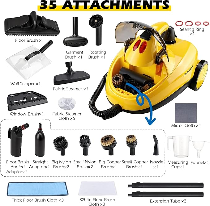 1500W Steam Cleaner 36-Piece All-in-One Attachments Kit, 99% Sanitization, 22ft Reach, 360° Rotating Brush for Home/Car/Tile/Grout/Wallpaper Removal, Chemical-Free Cleaning (35 in 1)