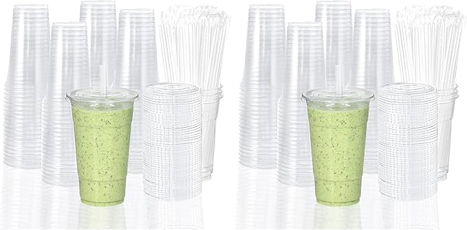 TashiBox 24oz Clear Plastic Drinking Cups with Lids and Straws, 100 Sets (Pack of 2)