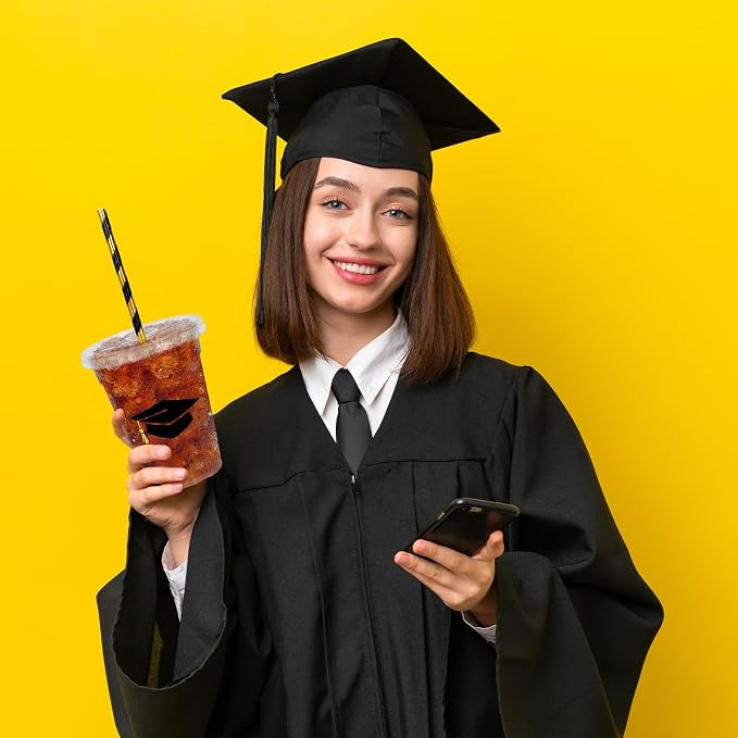 Whaline 50Pcs 12Oz Graduation Disposable Plastic Cups with Lids and Straws Black Graduation Cap Cold Beverage Drinking Cups for Congrats Grad Party Supplies